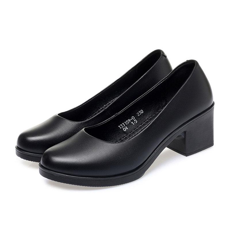 Autumn Women's High Heels Daily 5cm Square Heel Pumps Office Lady Black Leather Shoes Comfortable Soft Sole Slip-on Women Shoes
