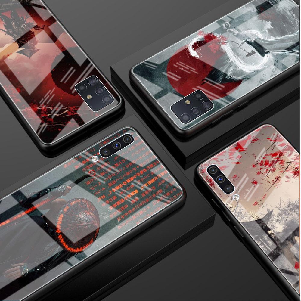 Стеклянный чехол для Samsung Galaxy A52 A71 A50 A51 A70 A21s A31 A72 A10 A12 A30 A22 5G, чехол для телефона с пейзажными чернилами, японское искусство самурая