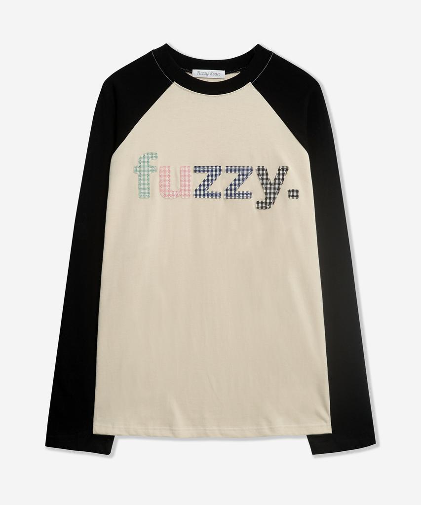 FUZZY SCAN Patch Alphabet Raglan Color Block Long Sleeve 1 Color