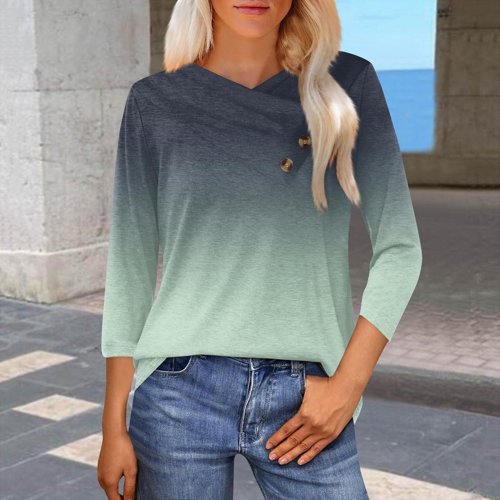 Женская модная повседневная футболка с принтом в виде градиента, рукавами-семиточками, V-образным вырезом и застежкой на пуговицы