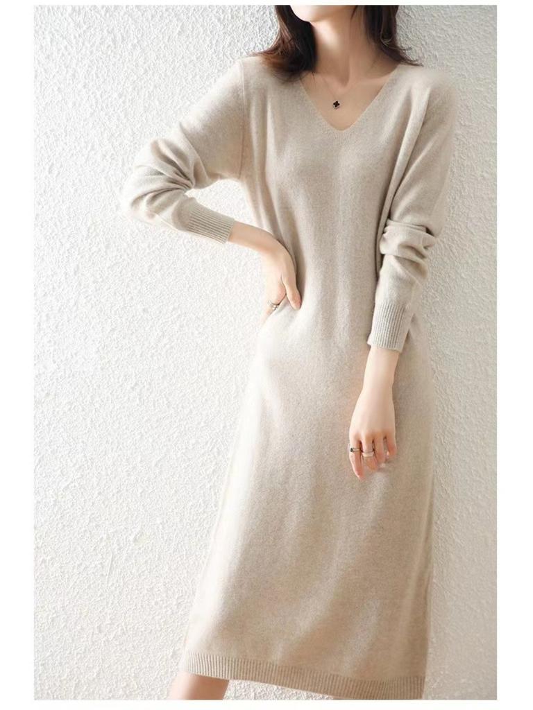 Autumn and Winter V-neck Knit Dress Women's Loose-fit High-end Feel Undercoat Long Dress French Style Coat for Ladies