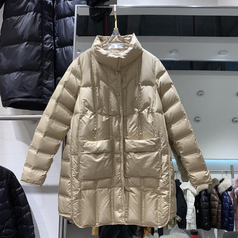 Winter new rubber down jacket women's light medium and long stand-up collar fashion hem split white duck down jacket