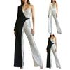Women Jumpsuit One Shoulder One Sleeve Suit Coat Dress Patchworl Shiny Sequin Asymmetric Color Matching Wide Leg Tight Waist Prom Party Jumpsuit