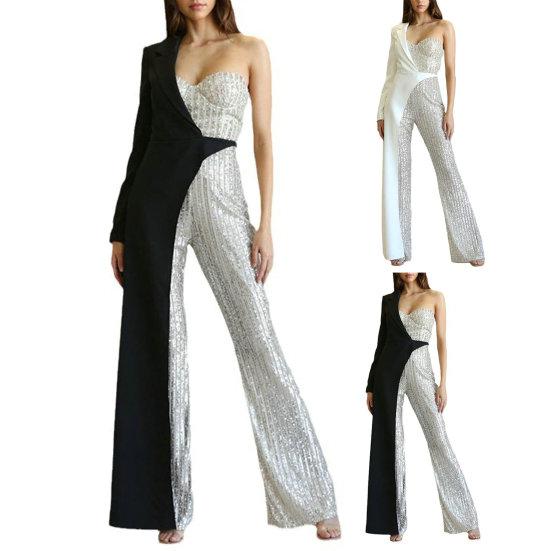 Women Jumpsuit One Shoulder One Sleeve Suit Coat Dress Patchworl Shiny Sequin Asymmetric Color Matching Wide Leg Tight Waist Prom Party Jumpsuit