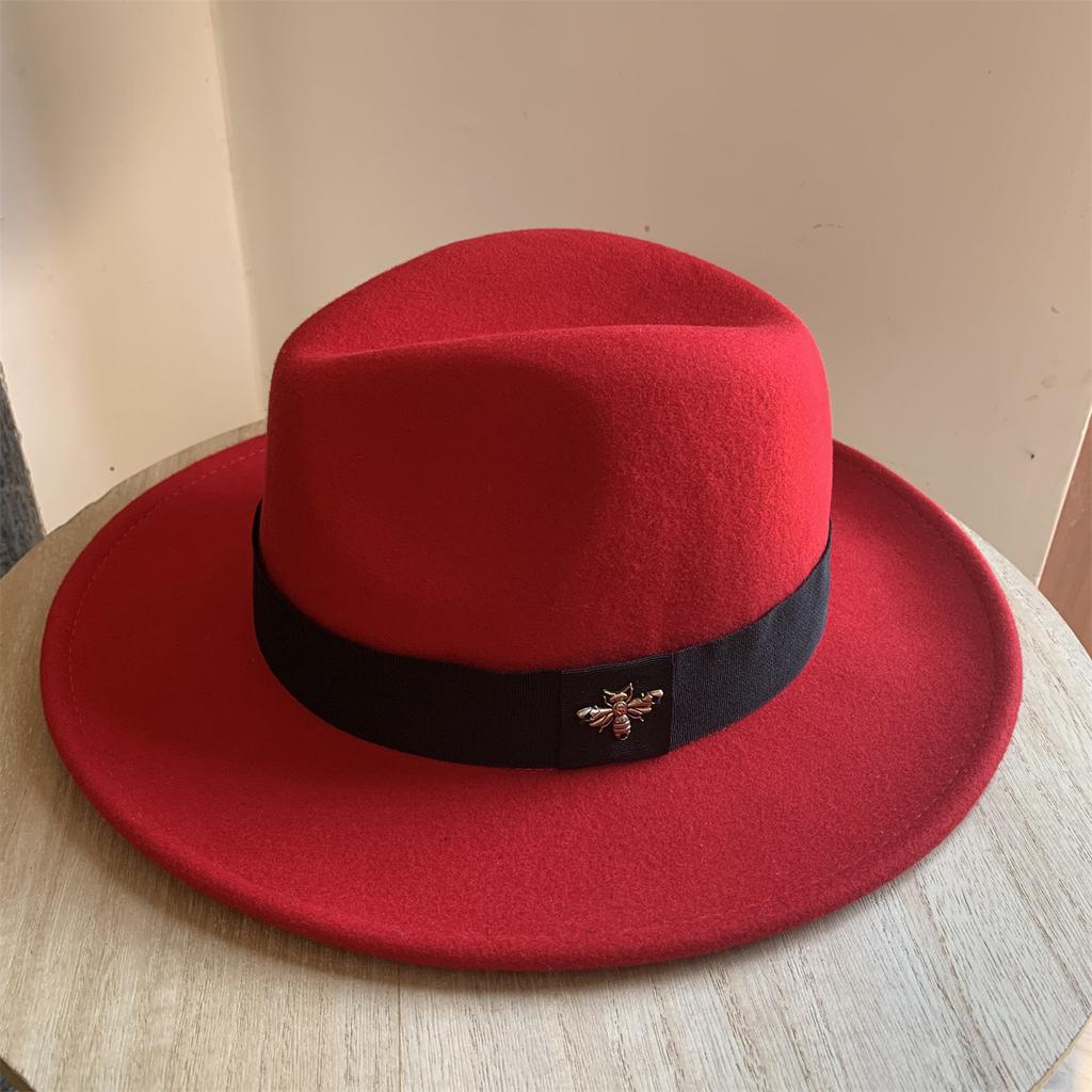 New French Wool Topper Hat with Big Brim Showing Face for Women's Little Bee British Style Versatile Jazz Hat