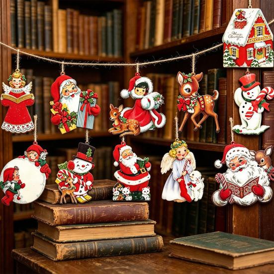 Snowman And Deer Decorations Retro Wooden Christmas Hanging Ornaments, Xmas Tree Pendants with Rope, Rustic Santa Claus DIY Craft Materials