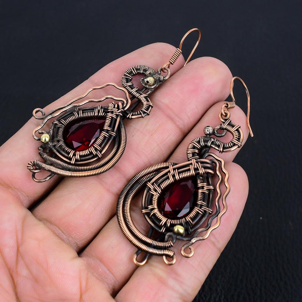 Garnet Jewelry, 999 Copper Wire Wrapped Earrings, Handmade Gemstone Jewelry Earrings For Memorial Day