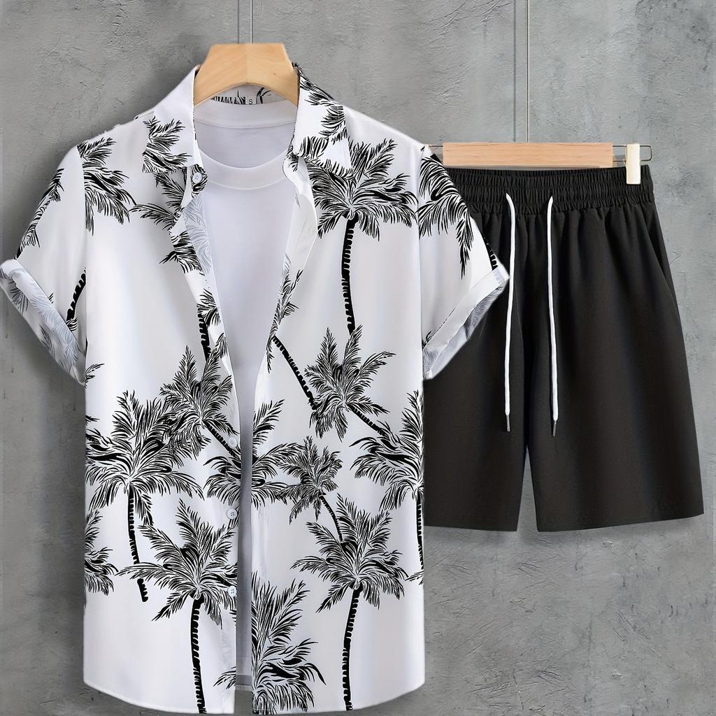 Coconut Tree Print Men's Short-sleeved Shirt And Beach Shorts Set Summer Everyday Men's Casual Shirt And Beach Pants