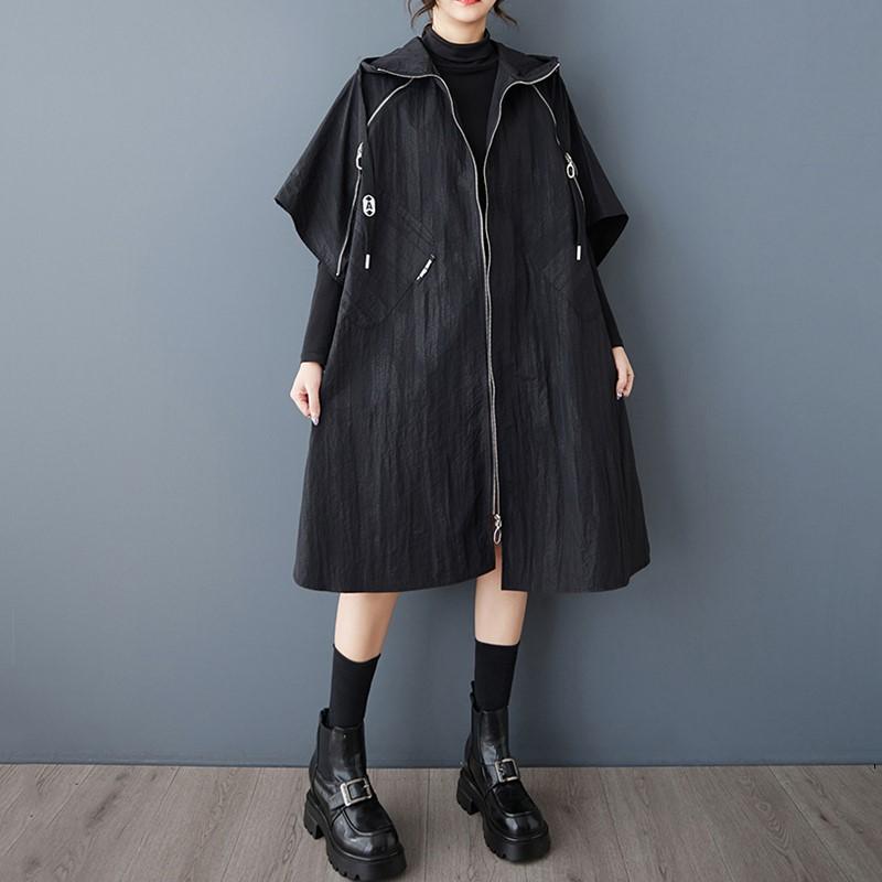 Short Sleeve Plus Size Black Vintage Hooded Casual Loose Autumn Spring Trench Coat for Women Outerwear