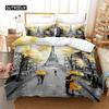 Duvet Cover Eiffel Tower Romantic Couple Flower King Comforter Cover Microfiber France Paris Cityscape Bedding Set for Teen