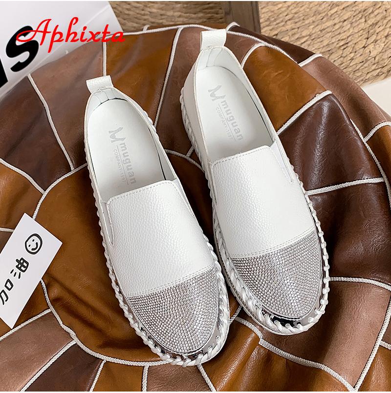 Fashion Aphixta 2025 New Crystals Luxury Leather Flats Shoes Women Hand Stitching Slip-on Flat Platform Footwear Plus Big Size 42 43