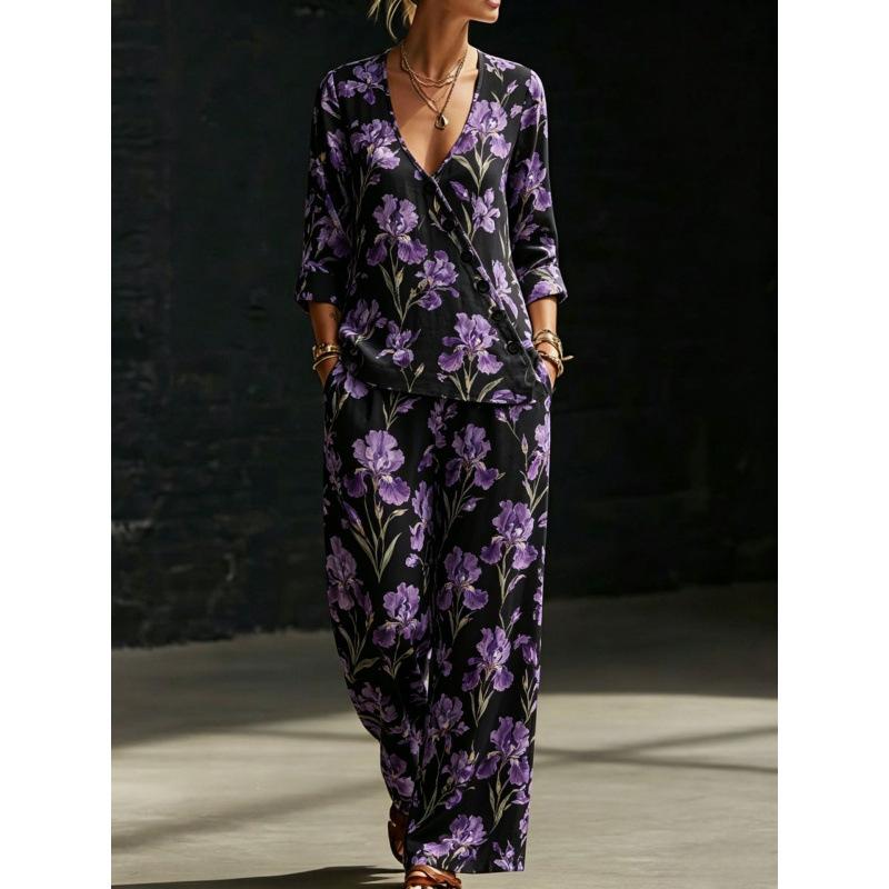 Summer new green bottom plant branches and leaves printing V-neck diagonal shirt wide-leg pants two-piece set women's casual cover