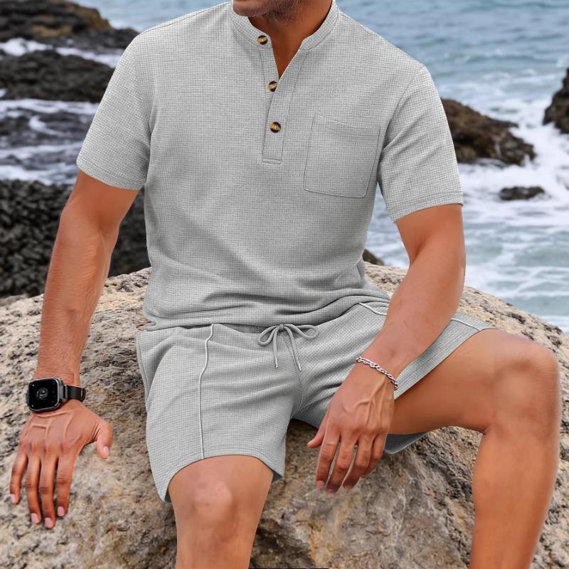 Men Waffle Knit Mandarin Collar Half Button Pocket Top & Drawstring Shorts Two Piece Set