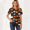 Women V Neck Short Sleeve T Shirt with Decorative Buttons Halloween Pumpkin Printed Casual Loose Fit Top for Daily Wear