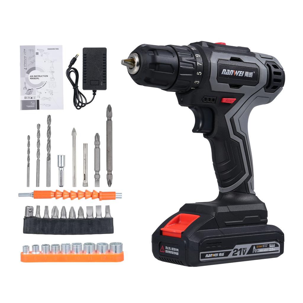 Electric Drill Sets Dual Speed Cordless Drill 25+1 Gear Torque Adjustment 10pcs Bit Connector, 9pcs