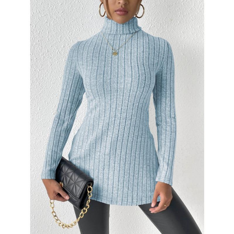 Women's High Neck Autumn and Winter Open Slim Bottoming Striped Medium-length Jumper