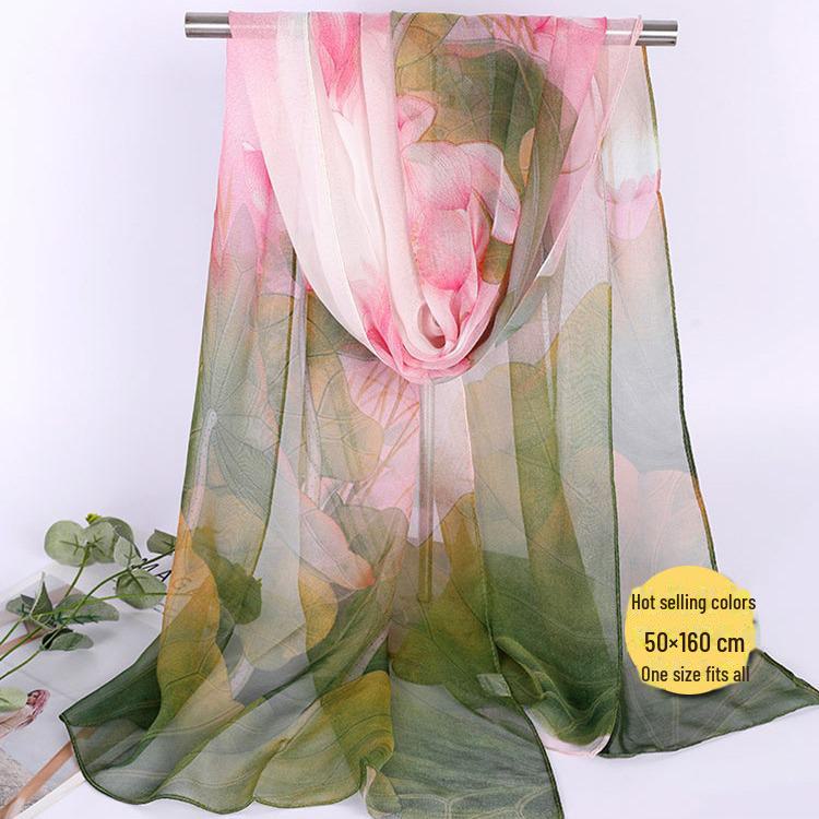 Lotus Georgette Silk Scarf: Medium-Length Printed Summer Shawl for Sun Protection and Dance, All-Match Mother Style.