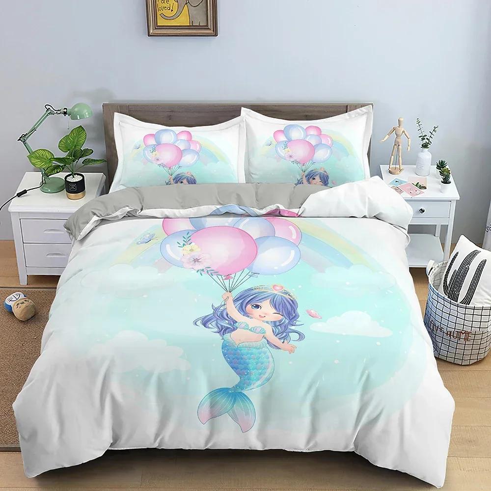 Cartoon Mermaid Pattern Comfortable Duvet Quilt Cover Pillowcase Bedding Set Children Bedroom Decoration Home Textile