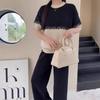 Knitted sweater summer short-sleeved new Korean version age-reducing lace crochet splicing round neck pullover loose knitting set