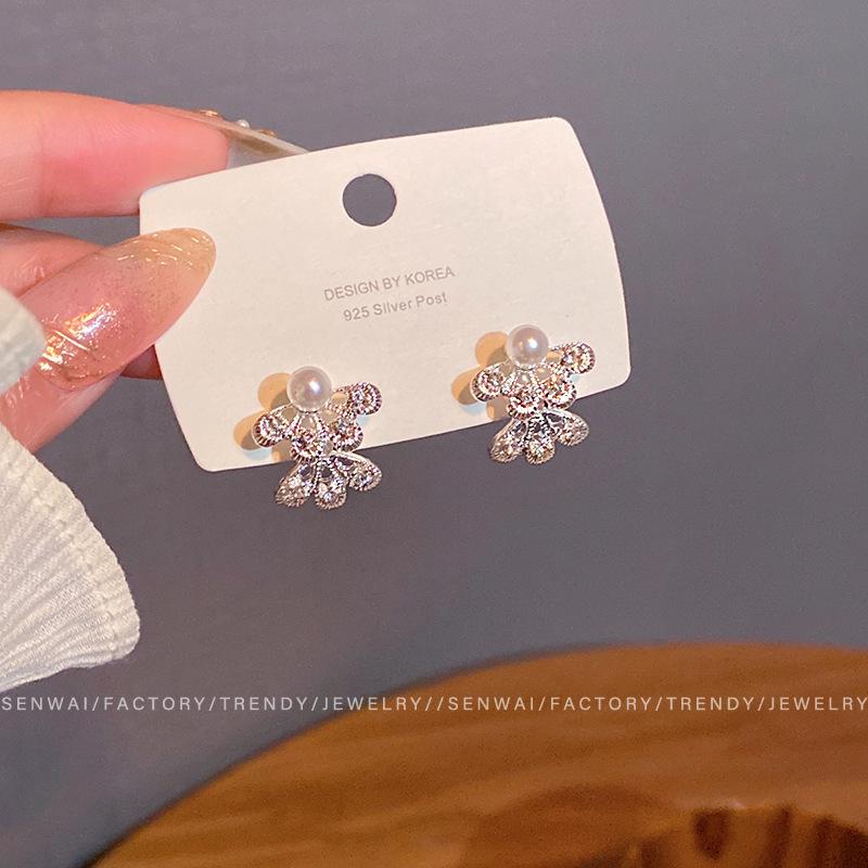 French retro exquisite diamond-set double-layer flower earrings women's fashion versatile temperament high-end stud earrings