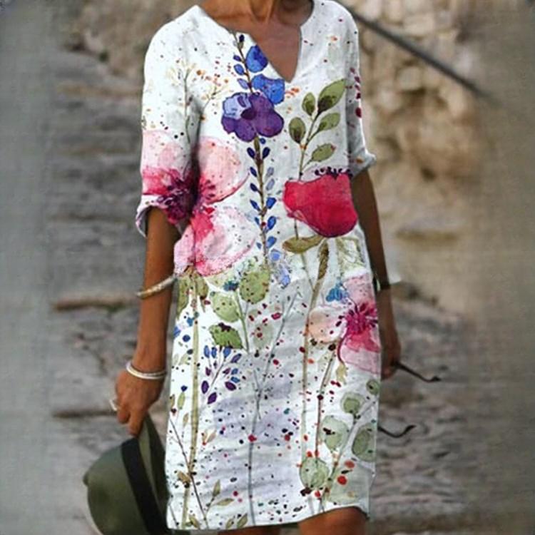 GMXIA Летний принт свободный бамбуковое волокно пенька цветочный короткий рукав женский винтажный литературный круглый вырез рукав пять четвертей