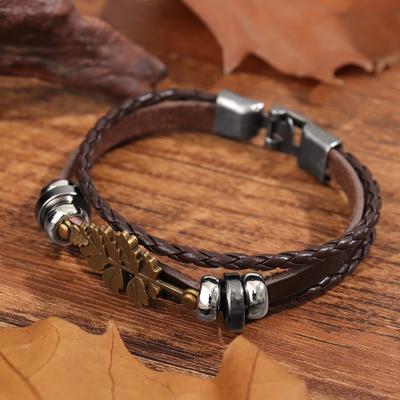 Мужской модный многослойный кожаный браслет с бусинами, винтажный браслет в форме листа в стиле панк, праздничные подарочные аксессуары