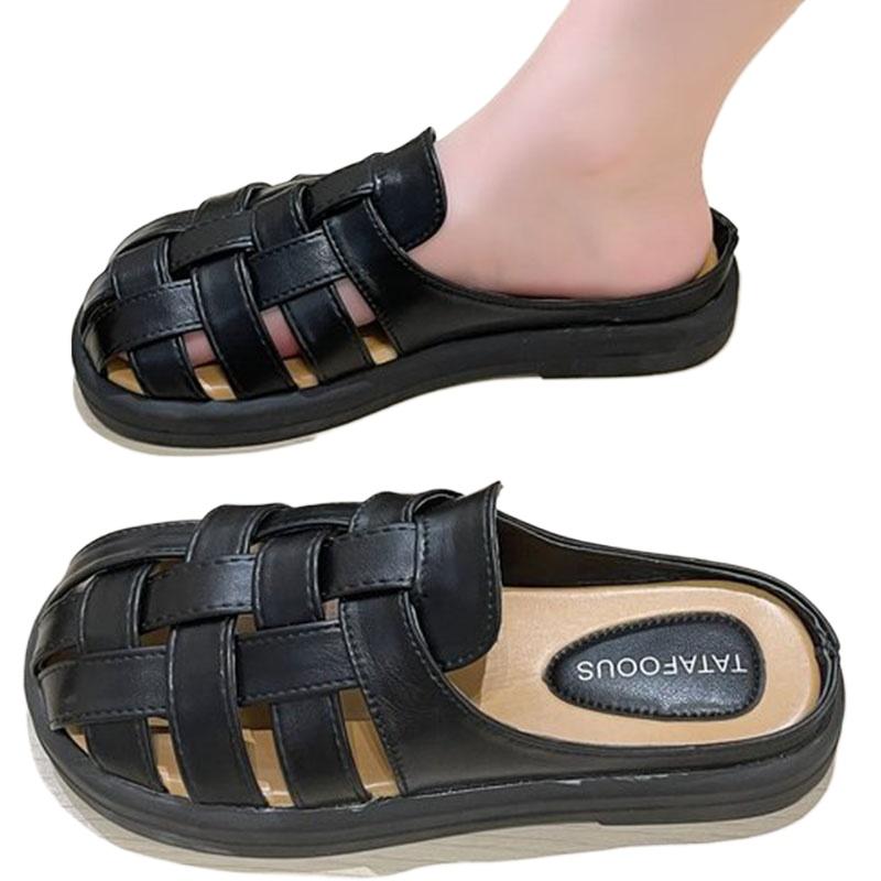 Модные полутапочки SyfIyno Silver Beige Brown Black Baotou, женские туфли, летние ретро-тканые полые толстые римские тапочки, мюли