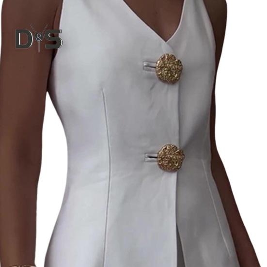 2 Pcs/Set Women Suit Vest Pants Set V Neck Double Button Closure Sleeveless Waistcoat High Waist Solid Color Pants OL Commute Business Outfit