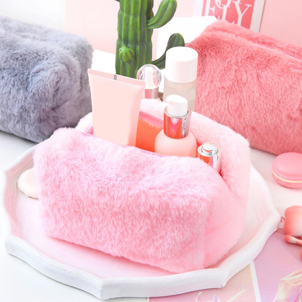 Милая меховая косметичка большой емкости, портативная, мягкая, пушистая, плюшевая, однотонная, дорожная, моющая, туалетные принадлежности, косметичка, плюшевая сумка для ручек