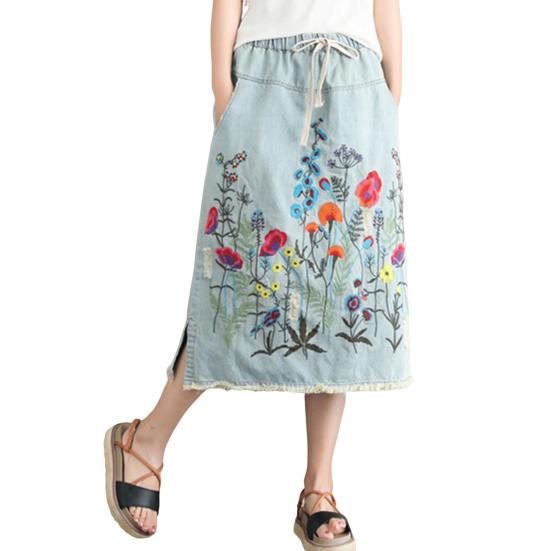 Женская юбка миди с эластичным шнурком на талии, вышитым цветочным узором, джинсовая юбка с карманами, боковые разрезы по низу юбки