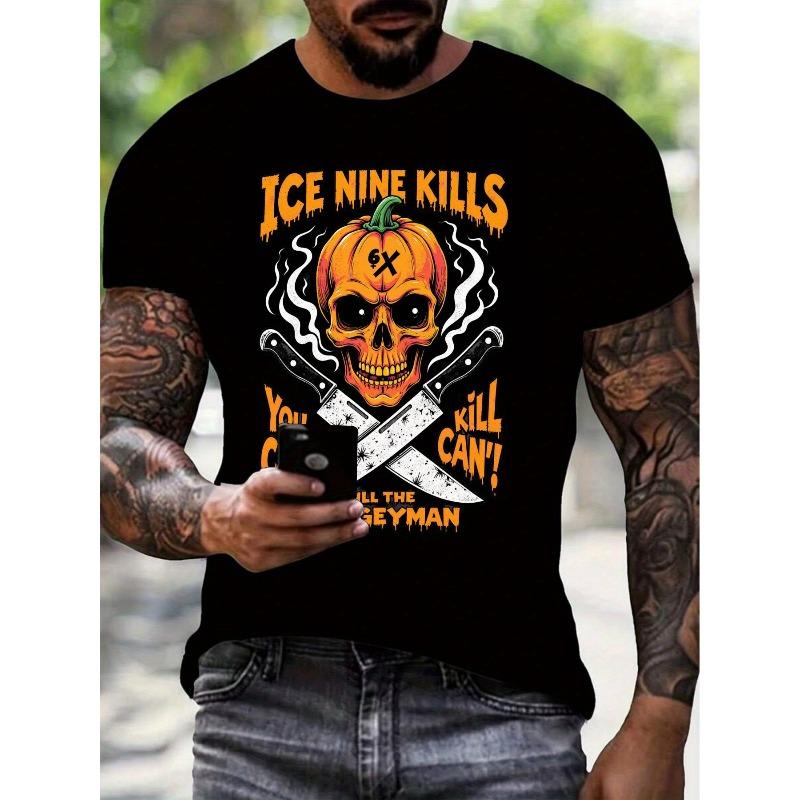 Европейские размеры Мужская футболка с принтом - Перекрещенные ножи с готической надписью, Одежда для фанатов Metalcore Rock Music, Мягкая дышащая футболка с круглым вырезом