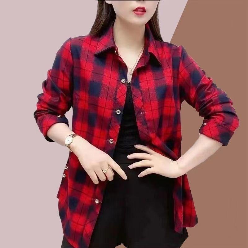 Весна Осень Элегантная Мода Harajuku Клетчатые Топы Женские Свободные Повседневные Универсальные Женские Рубашки Поло На Пуговицах Длинные Рукава Блузки