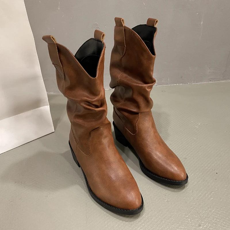 Женские сапоги на высоком каблуке до середины голени с плиссировкой, осенне-зимние женские черные коричневые кожаные сапоги в стиле вестерн, женские ковбойские сапоги на толстом каблуке