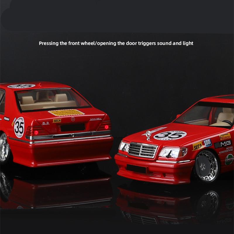 1/24 Benz W140 S320 SEL Red Pig Alloy Wide Body Sports Car Model Diecast Metal Modified Raing Car Model Sound and Light Kids Toy Gift
