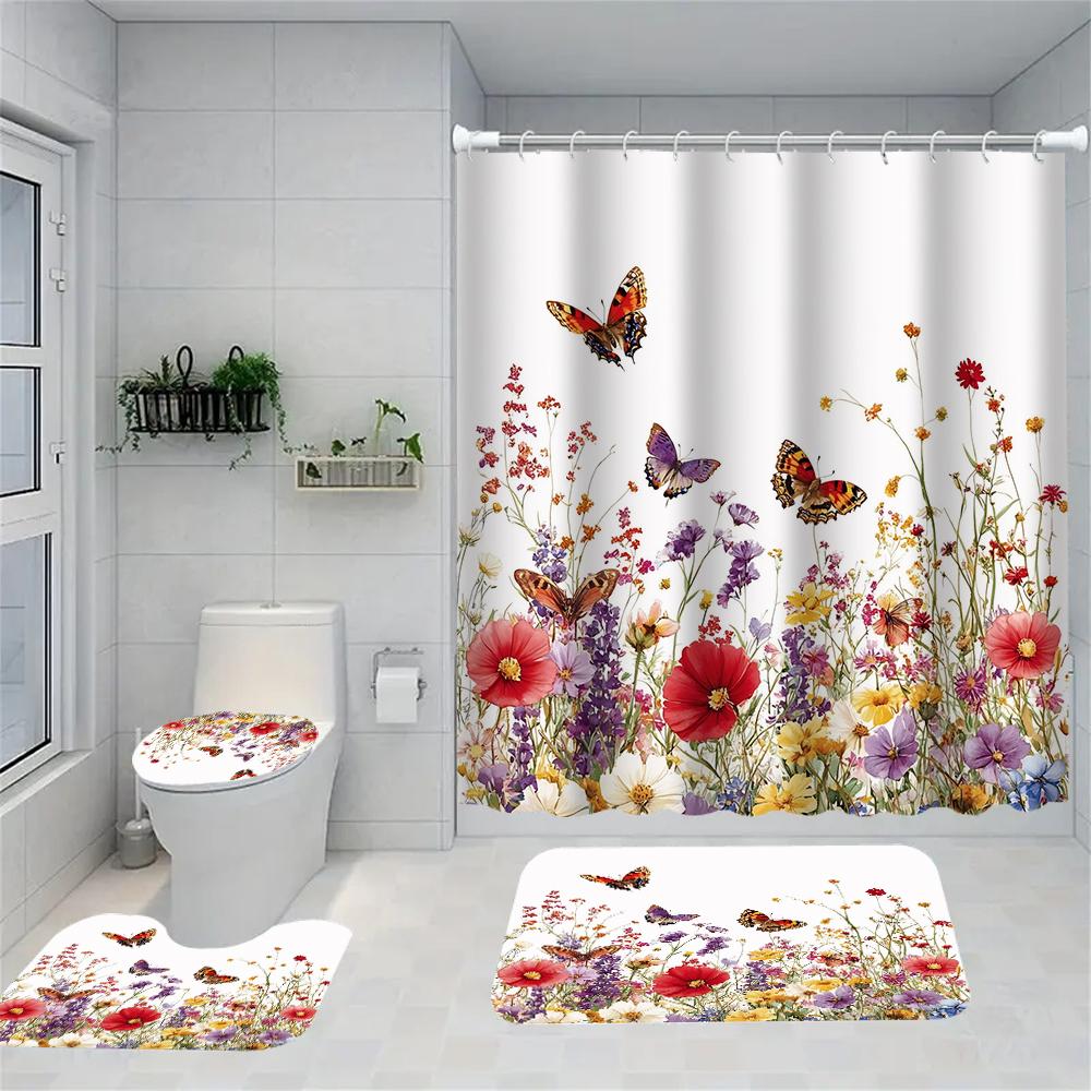1/4 flowers and plants print shower Curtains, Toilet Seat Decoration, Shower Curtain with Carpet and Toilet Lid, 70.8x70.8 inch