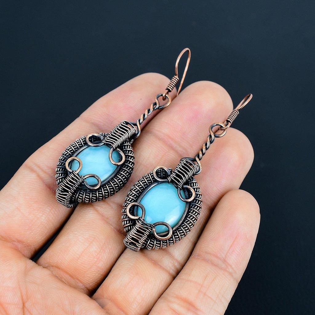Серьги из голубого халцедона, обернутые медной проволокой 999 пробы, Ювелирные изделия с драгоценными камнями ручной работы, Подарки для жены, Совершенно новые серьги