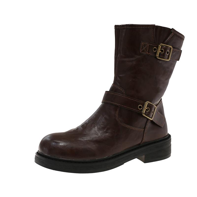 Пряжка для ремня в британском стиле, ботинки Мартин женские 2025 осень, новые, на плоской подошве, модные, универсальные, с круглым носком, короткие ботинки, черные