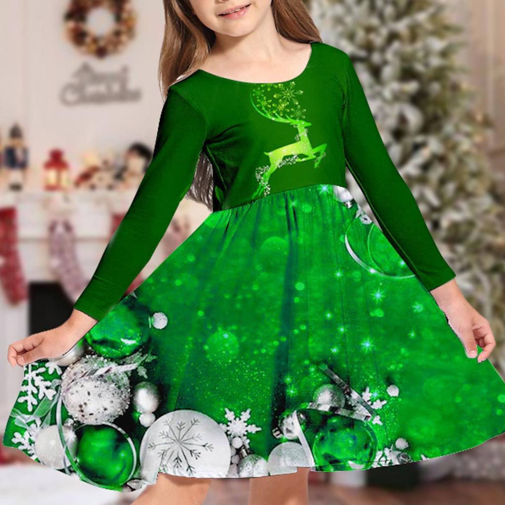 Осеннее повседневное платье с 3D рождественским принтом лося для девочек и круглым вырезом с длинными рукавами, детское платье принцессы