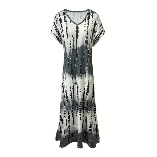Women Summer Dress V-Neck Short Sleeve Side Slit Design Maxi Dress Tie Dye Print