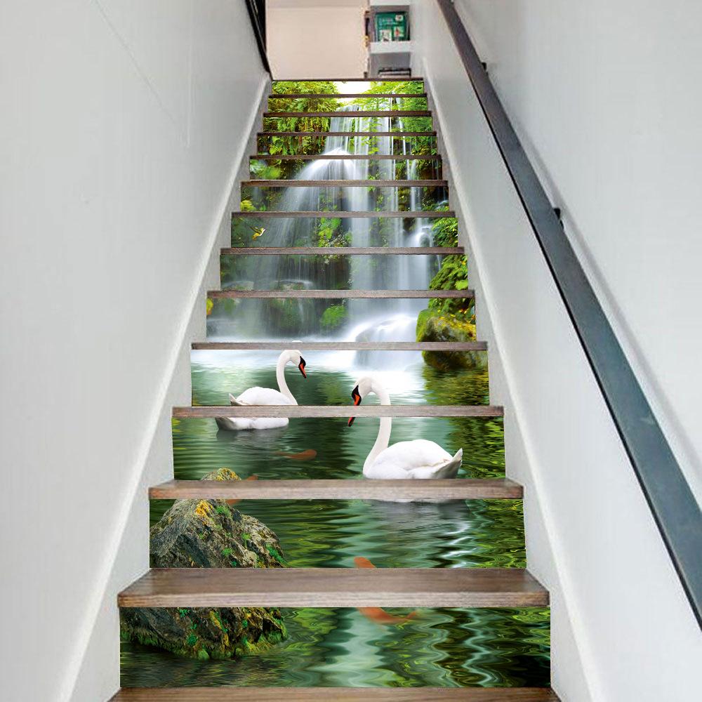 Горный водопад Лебедь Пейзаж Наклейка на стену Комната Лестница Украшение Шаг Напольный художественный постер Самоклеящийся водонепроницаемый настенный постер