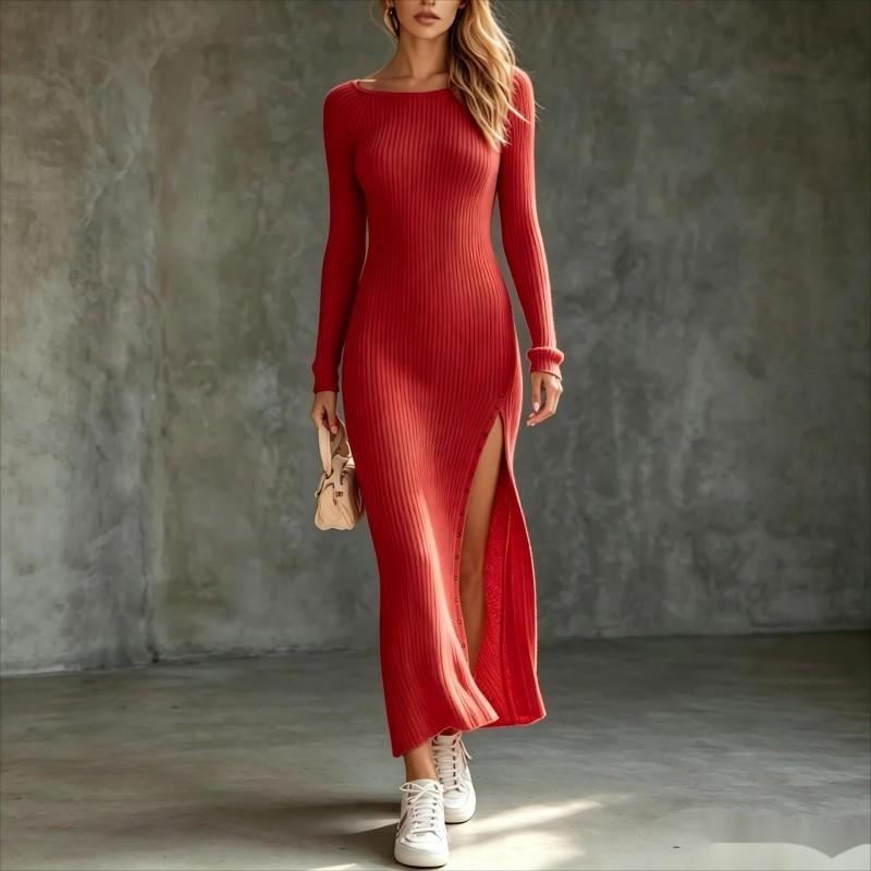 2026 Fall Winter Crew Neck Knit Dress Long Sleeve Slim Fit Split Metal Button Maxi