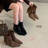 2025 High Heel Rear Zipper Thin Boots Women's Matte Belt Buckle Pointed Temperament Short Boots Retro Thin Heel Single Boots