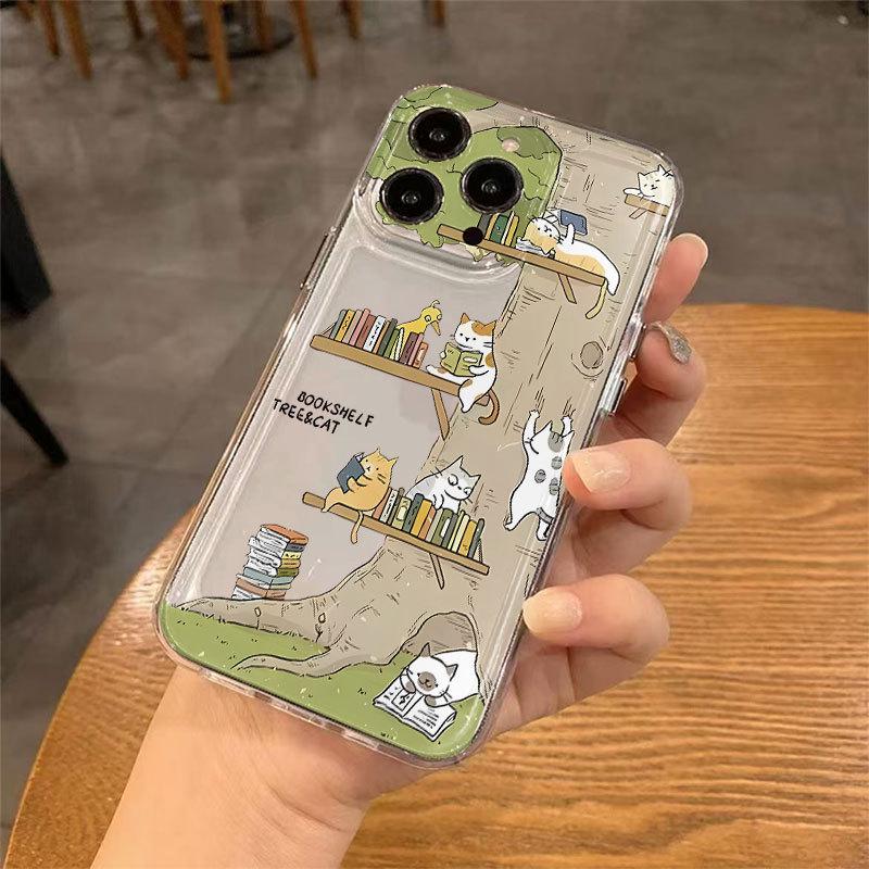 Чехол с полной защитой «Дерево и кот, читающий книгу» для iPhone 16Pro Max/15/14/13/12/11, противоударный xsm