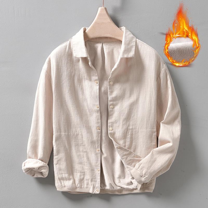 Осенне-зимнее теплое мужское пальто, повседневные флисовые куртки для мужчин, отложной воротник, хлопковое льняное пальто с пуговицами, утолщенное свободное пальто
