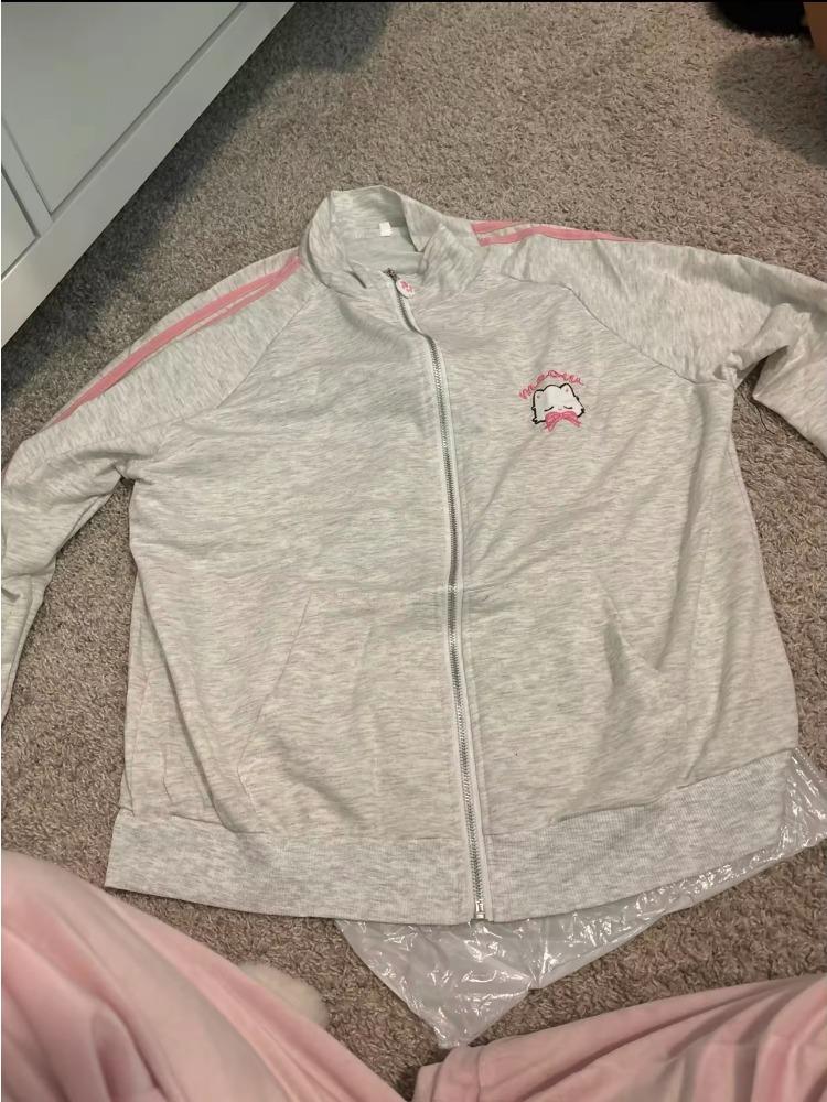 Japanese Fashion Kawaii Zipper Hoodie Set Women Harajuku Cute Pink Cat Embroidery Oversized Hooded Sweatshirt Set