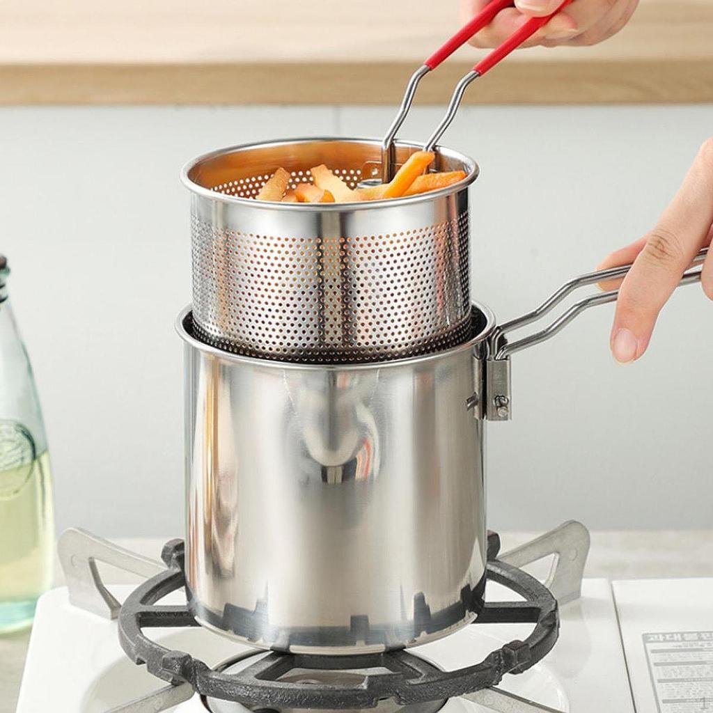 Small Deep Fryer Pot Cooking with Frying Basket and Food Tongs Oil for Onion Rings Fried
