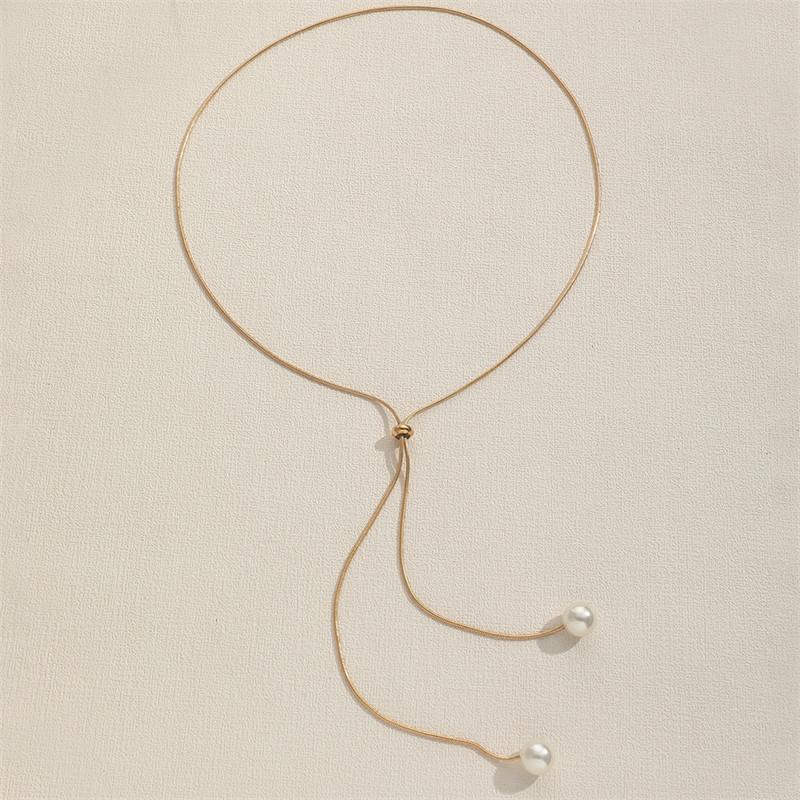 Imitation Pearl Long Drawstring Necklace Adjustable Design Sense Niche Pearl Necklace With Minimalist Collarbone Chain