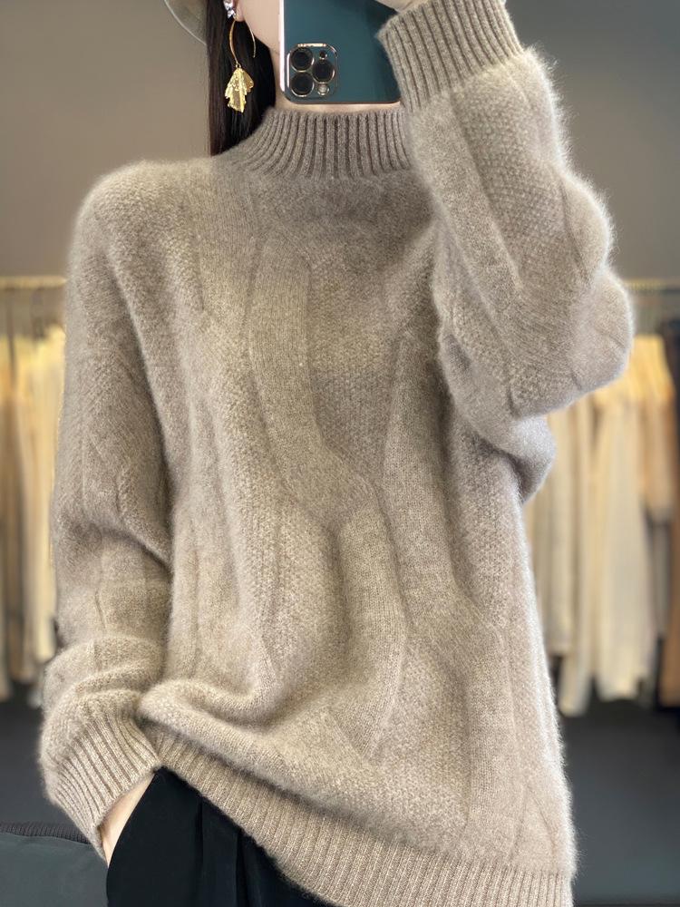 100% Pure Wool High Neck Sweater: Soft, Smooth, Thick Cashmere, Loose Knit Base Layer for Autumn/Winter