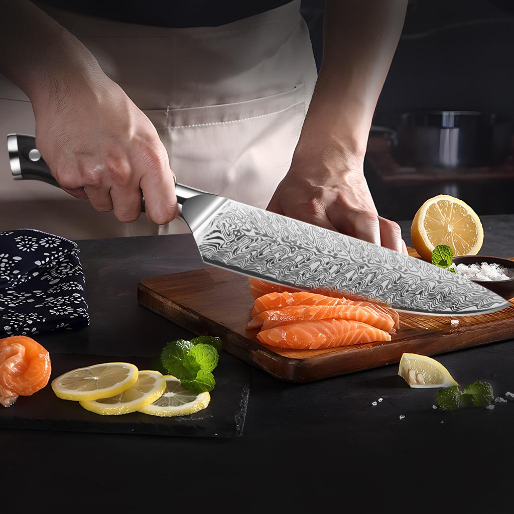 8-inch Chef's Knife With Laser-pattern Blade Is Used For Cutting Meat Vegetables And Other Foods. Stainless Steel Plastic Handle