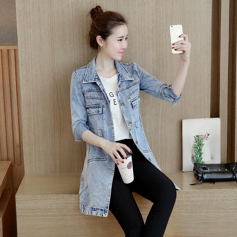 Korean Long Sleeved Denim Jacket for Women's Slim Fit Single Breasted Mid Length Windbreaker Top